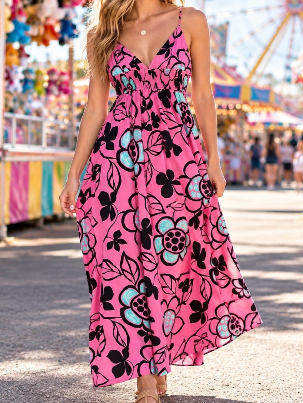 Zara NWT Pink Floral Maxi Dress Size L Cotton Smocked Empire Waist Y2K